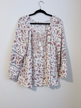 Boho Peasant Blouse XL Floral Tassel Cottagecore Festival Romantic Top